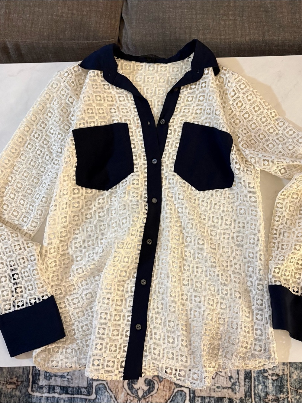 J. Crew Cream Lace Button-Down Shirt with Navy Trim